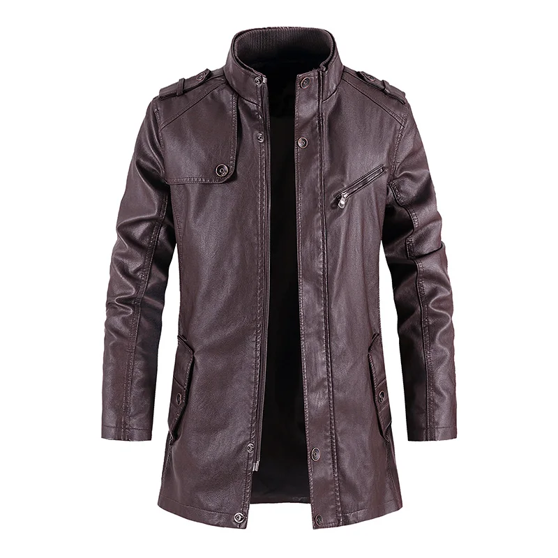 New Men's Leather Jacket Autumn/winter Motorcycle Slim Fit PU Long Leather Coat Bicycle Stand Collar Fashionable Men's Warm Coat
