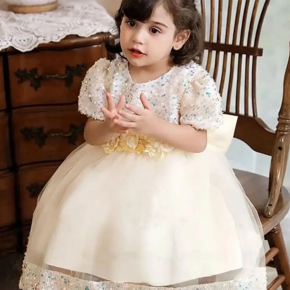 

Glitter Sequin Flower Girl Dresses Ivory Ball Gown Birthday Party Dress for Girls Tiered Puff Kids Pageant Gown