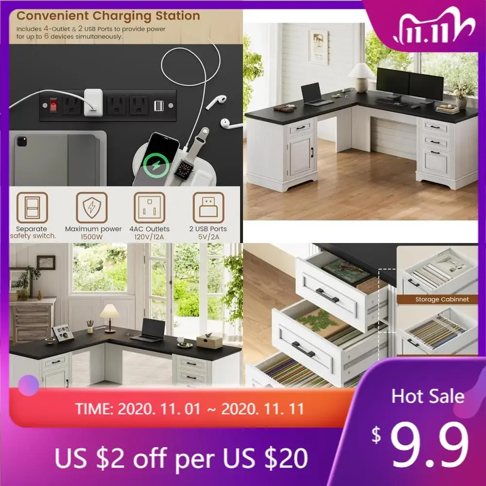 "l-shaped executive desk for home office with storage drawers and integrated power outlet"