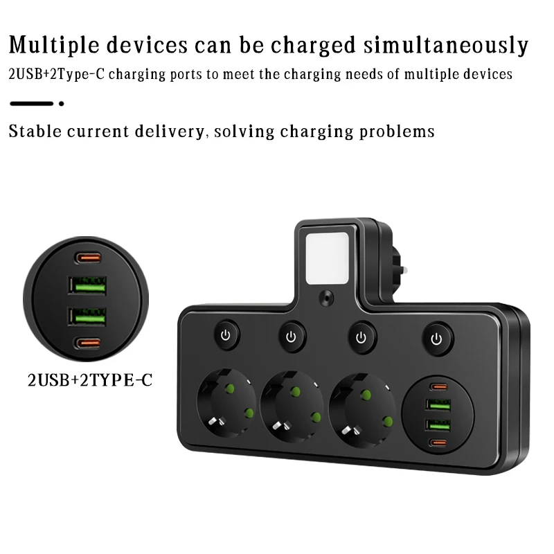 EU Plug Socket 4/3 Sockets Power Strip With 2 USB 2 Type-C Port with Night Light Wall Charger Adapter For Home Offices 4