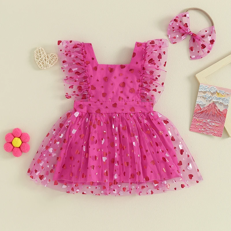 

Infant Baby Girls Valentines Outfits Heart Prints Tutu Romper Dress Fly Sleeve Bodysuit 2Pc Summer Clothes Set