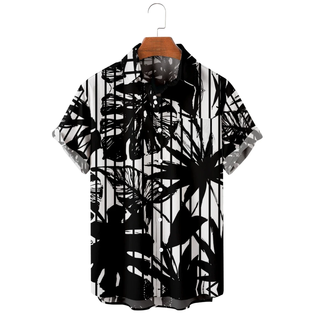 

2022 new men's casual breathable short sleeve top fashion Lapel men's shirt Hawaii with beach bamboo leaves