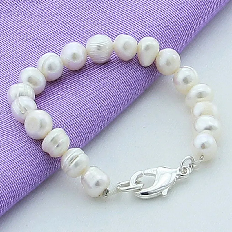 

Natural White 8mm Pearl Bracelet 925 Sterling Silver Buckle For Woman Charm Wedding Engagement Fashion Party Jewelry
