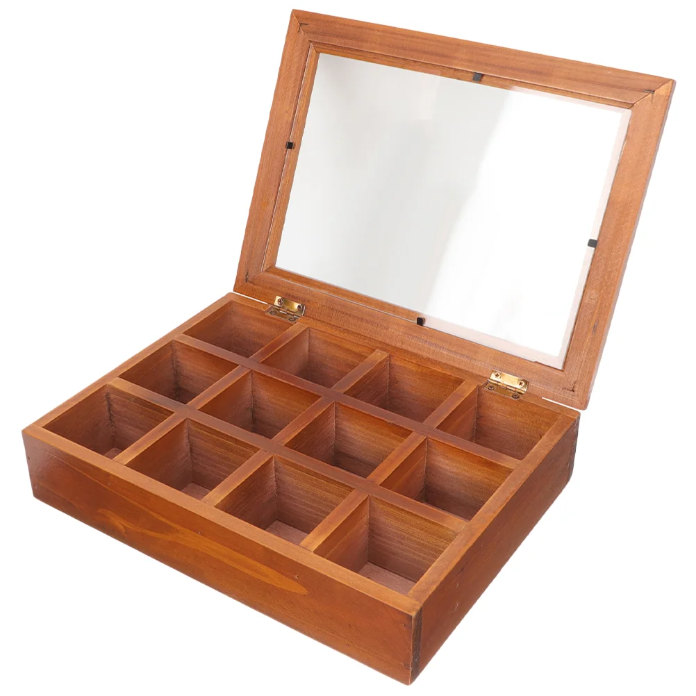 Solid Wood Retro Aged Transparent Glass 12-compartment Storage Box Jewelry Stationery Wooden Display Case Boxes for Ring Tray 4