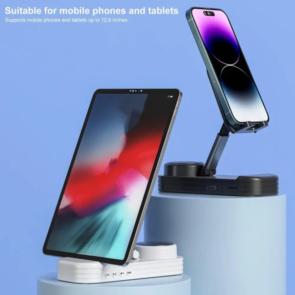 Cell Phone Stand With Wireless Bluetooth Speaker Foldable Adjustable Mobile Phone Holder Anti-Slip Design Phone Support