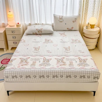 1PC Cute Bunny Plaid Fitted Sheet, Cartoon Animal Pattern Elastic Deep Pocket Bed Sheet for Kids Girls Bedroom Decor