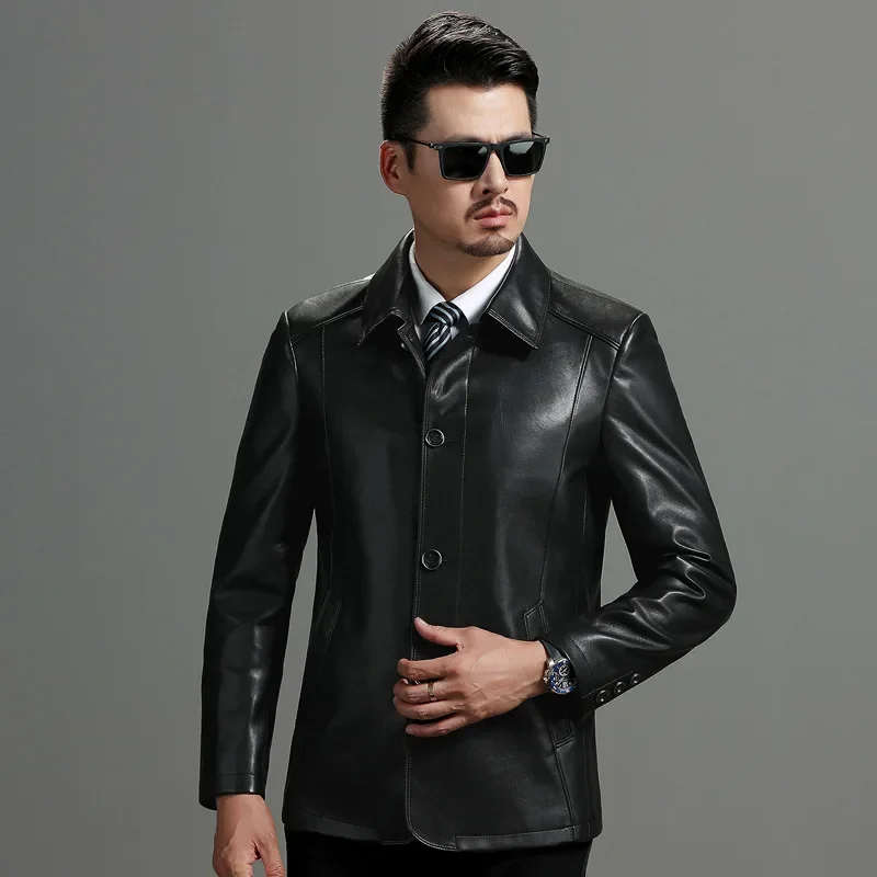 Men's New Genuine Leather Jacket with a Lapel and Short Leather Jacket Plush and Thick Coat for Middle-aged and Elderly People - Image 3