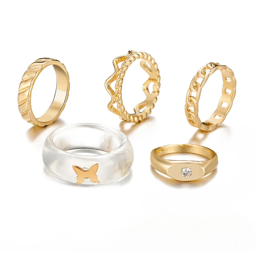 Boho Gold Color Heart Rings Set For Women Vintage Geometric Cross Pearl Butterfly Finger Rings Female Trendy Jewelry Gift
