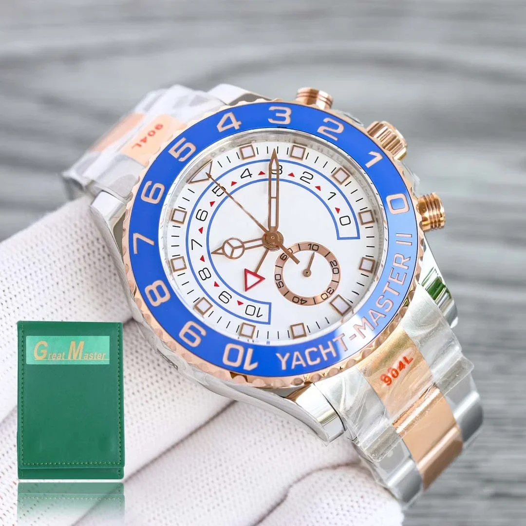 

Luxury New Automatic Watch for Men Mechanical Self Wind Movement Watches 904L Steel Rose Gold White dial Blue Ceramic Bezel 44mm