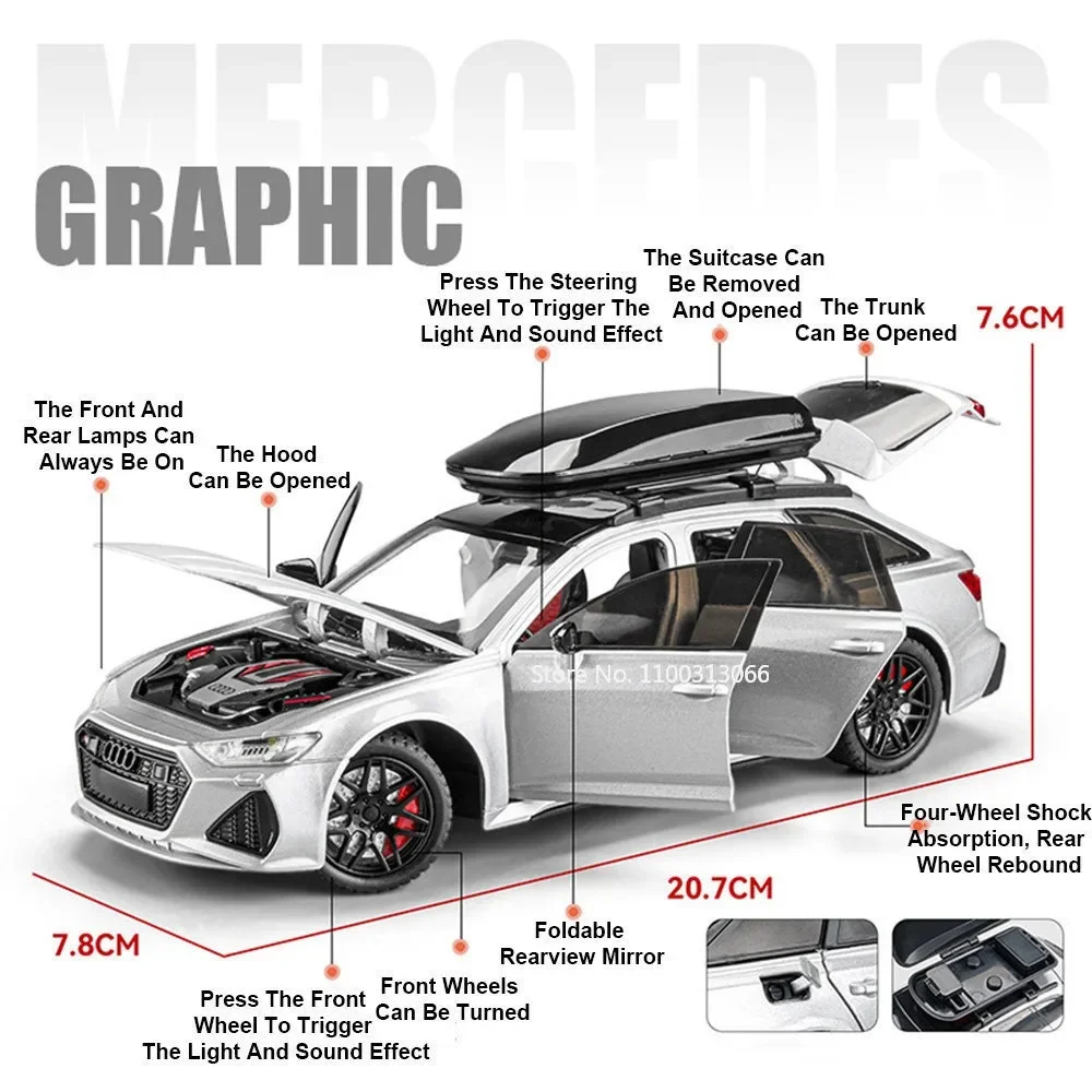 1:24 Scale Audi RS6 Model Car Toys Alloy Die-casting 6 Doors Opened Sound Light Pull Back Ornament Vehicles Festival Child Gifts 2