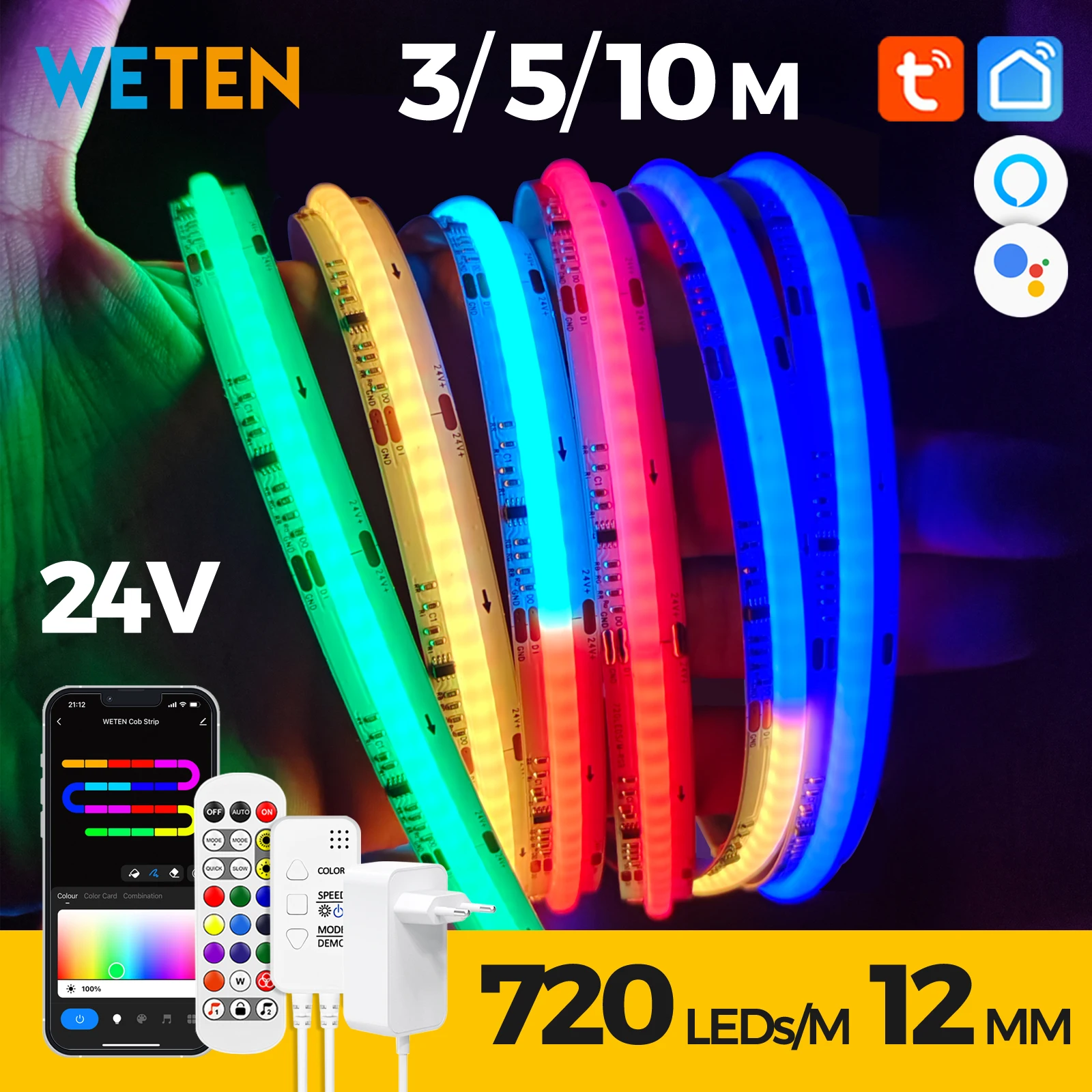 Tuya Smart WIFI RGBIC COB LED Strip Light Tape Addressable Flexible RGB Neon LED Light 24V APP Control Support Alexa Google Home