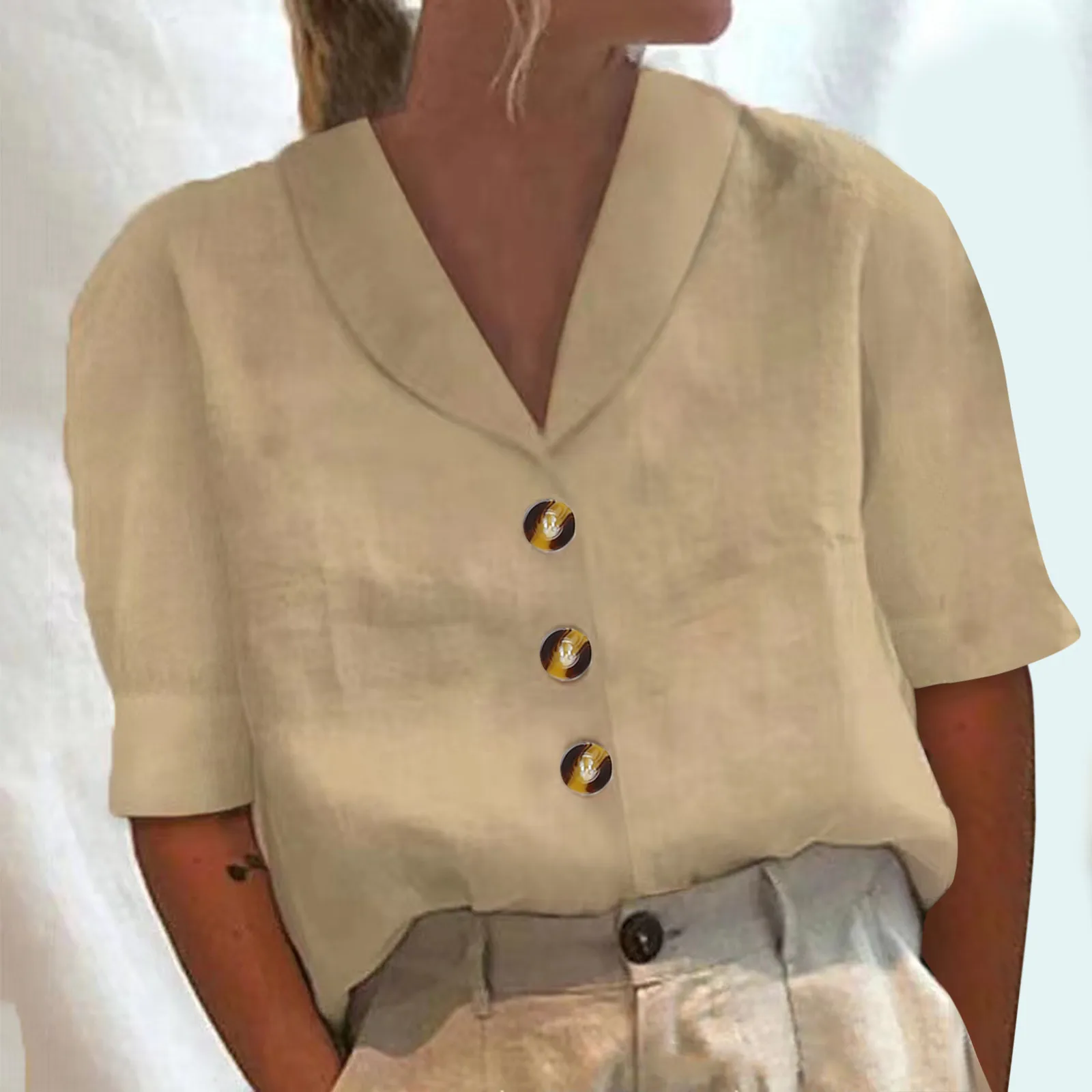 

Рубашка женская с имитацией льна, однотонная блузка с рукавом до локтя, на пуговицах, с V-образным вырезом, богемная винтажная туника, топы и блузки