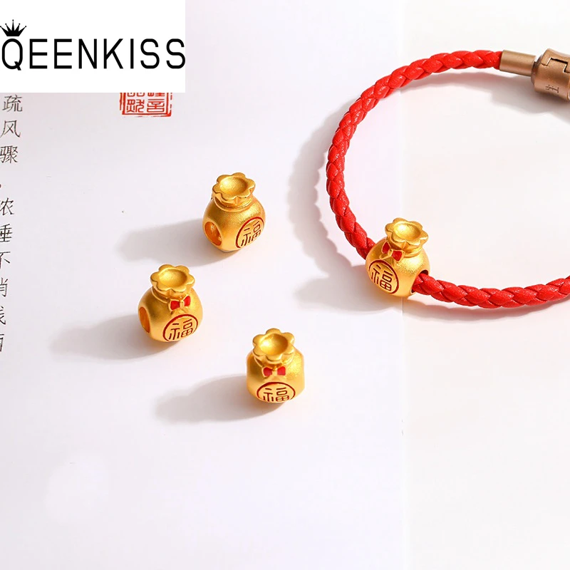 

QEENKISS 24KT Gold FU Fortune Bag Bead Charm For DIY Bracelet Making For Girl Children Jewelry Accessories Bulk Wholesale AC540