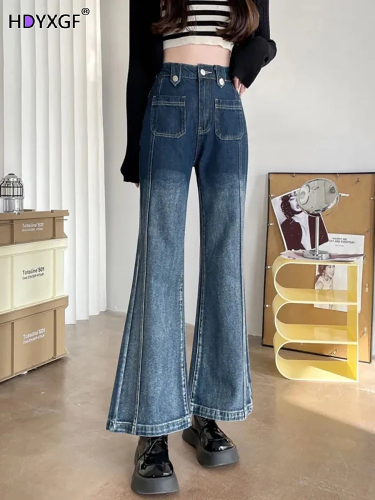 

Vintage High Waist Chic Flare Jeans Women Fashion Denim Skinny Casual Popular College All-match Streetwear Autumn Pockets Female