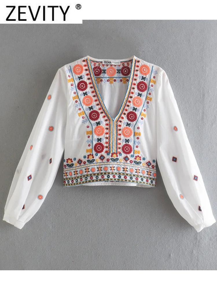 

Zevity Женская Повседневная Блузка с V-образным вырезом и цветочной вышивкой контрастных цветов, женская рубашка в национальном стиле, шикарное кимоно, блузка LS1776