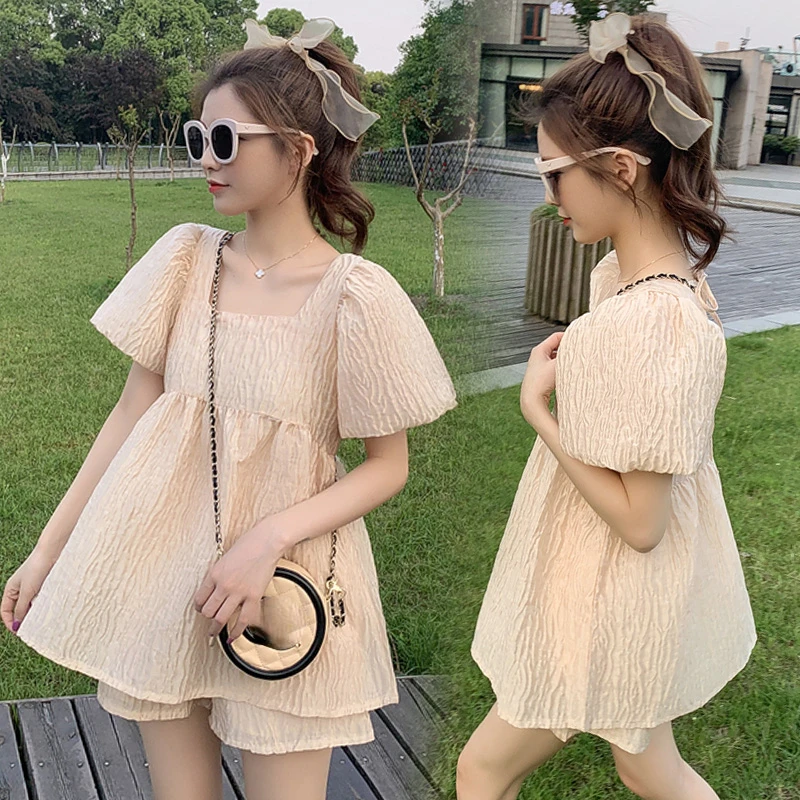 Summer Maternity Clothes Set Sweet Puff Sleeve Square Collar Ball Gown  Shirts+belly Shorts Twinset Pregnant Woman Short Sets - AliExpress 1501