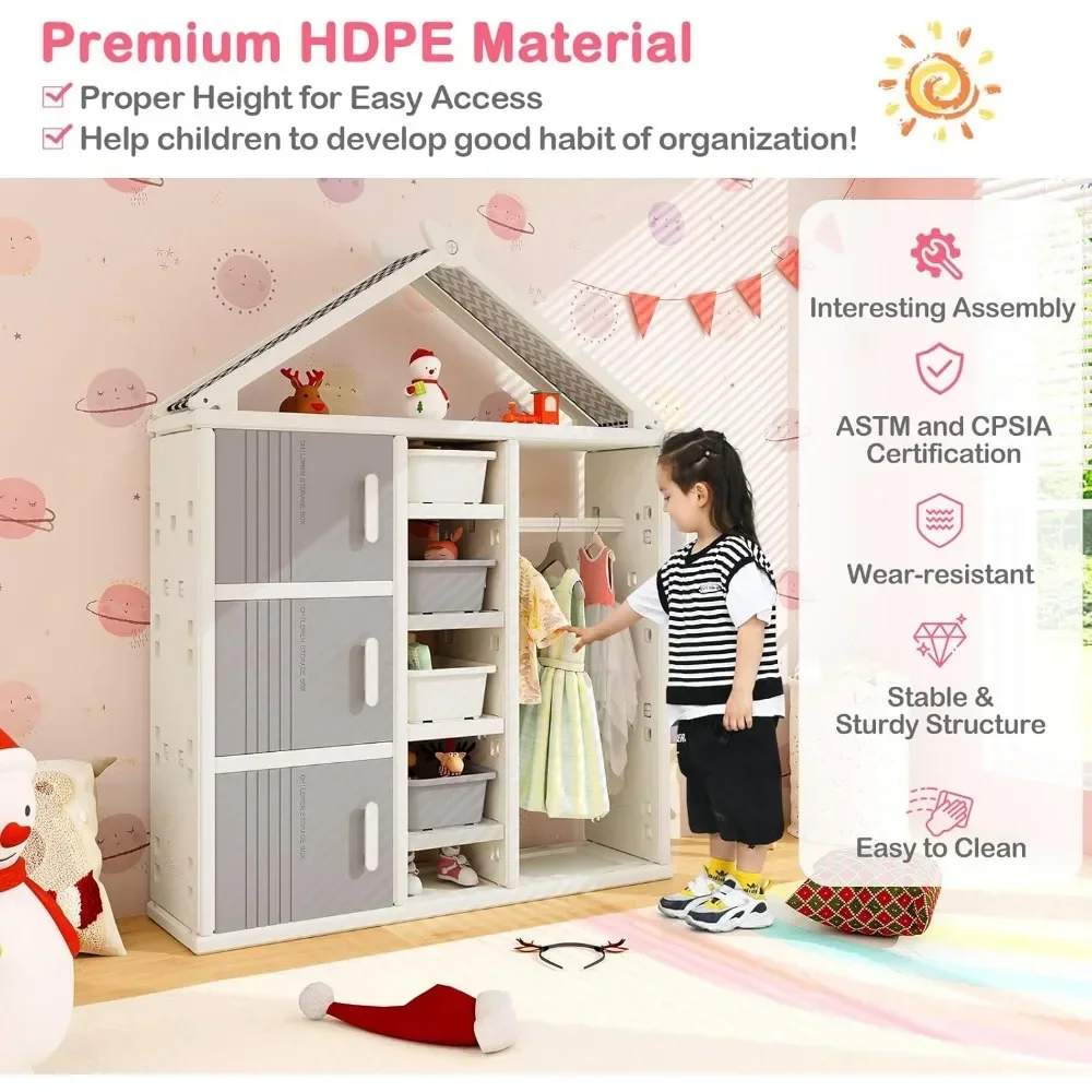Kids Costume Storage Closet, Children Pretend Dresser Wardrobe, Open Hanging Closet with Storage Bins, Shelves, Side Baskets