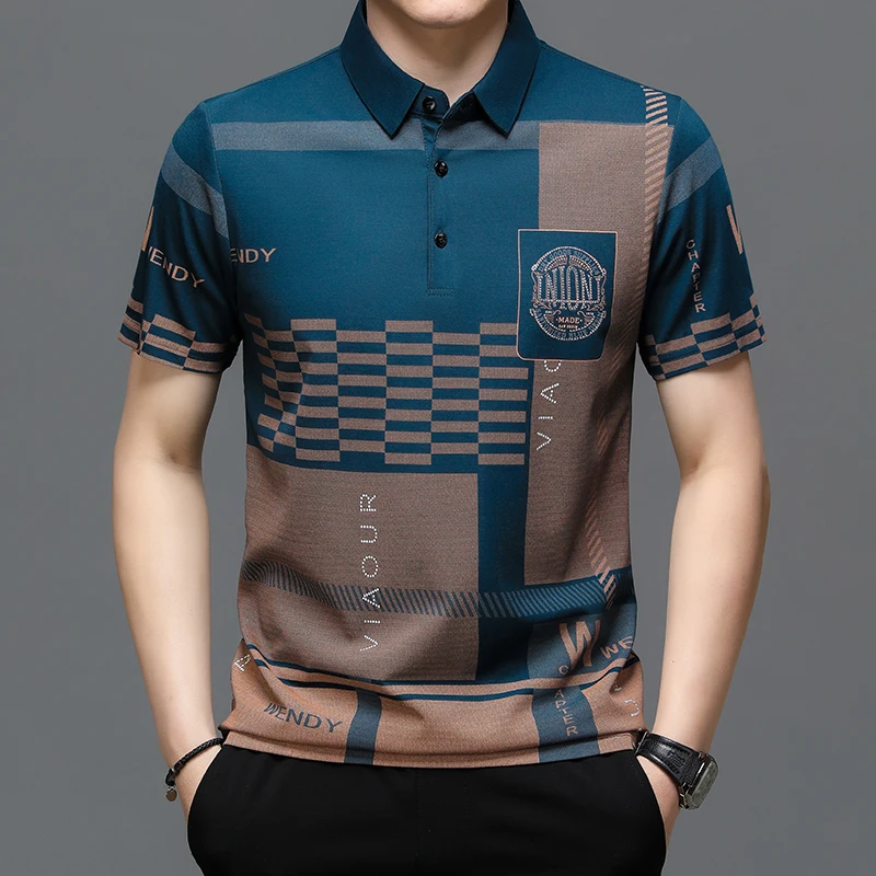 

Original Designer Men's Polo Shirt Summer New Lapel Print Striped Short Sleeve T-shirt Business Casual Trend Fashion Men's Wear