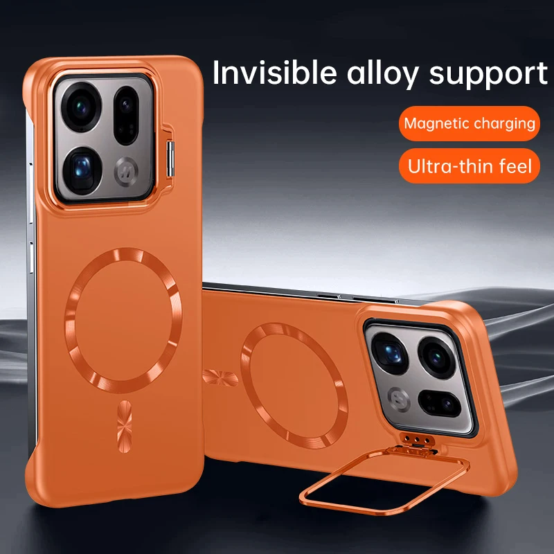 Enhanced Frosted Camera Fold Stand Holder Phone Case with Magnetic Bumper and Non-Slip Cover