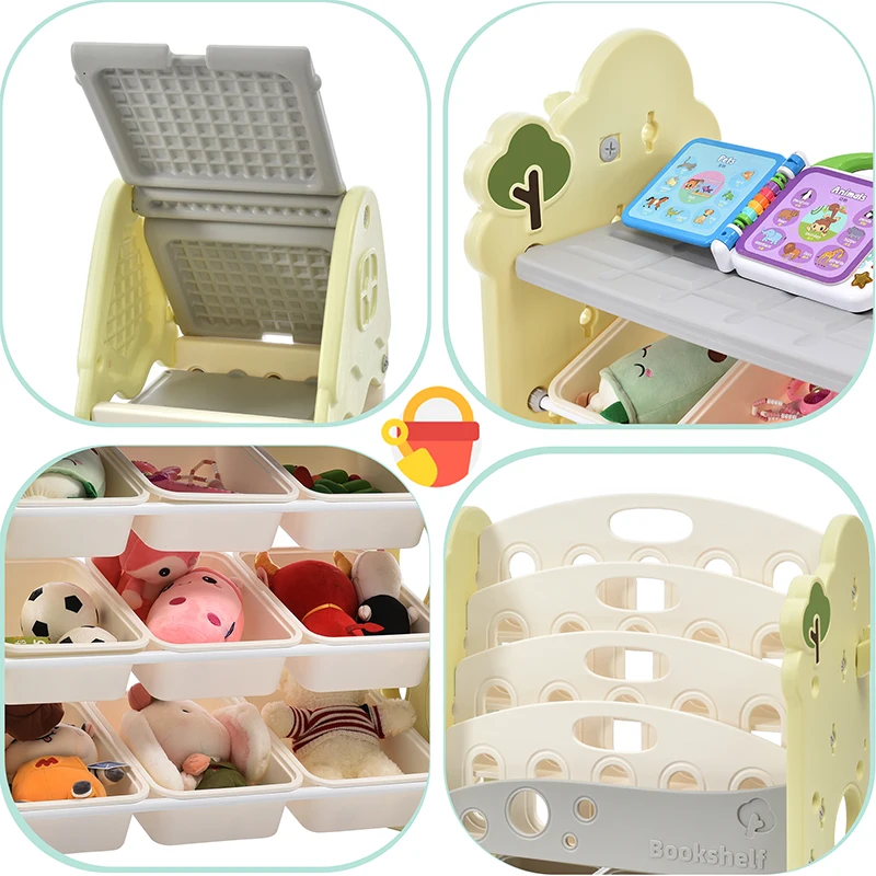 Kids Bookshelf Toy Storage Organizer, Multi-functional Nursery Organizer Kids Furniture Set Toy Storage Cabinet Unit with Shelf 4