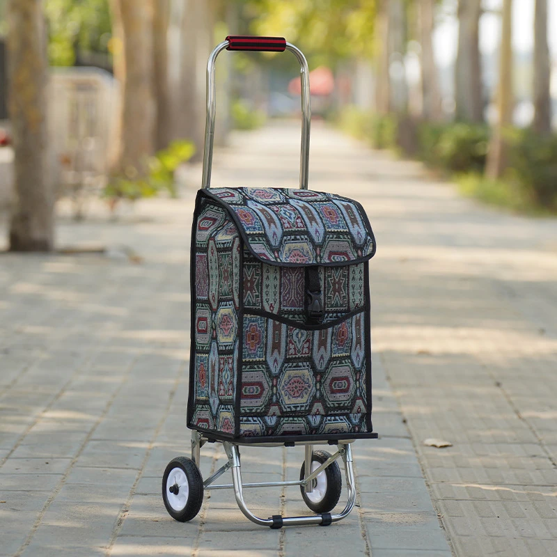 Shopping cart folding supermarket vegetable market shopping cart Oxford stainless steel frame pull rod truck