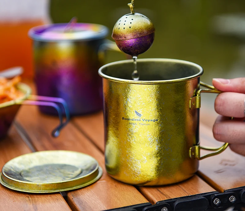 Boundless Voyage Ultralight Titanium Cup with Lid Outdoor Camping Folding Water Tea Coffee Cup Colourful Teacup 15oz Ti3055D