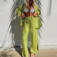 New Pajamas for Women Two-piece Set Pleated Shirt Long-sleeved Lapel Slit High Waisted Wide Pants Suit Loungewear Women Outfits - Image 4