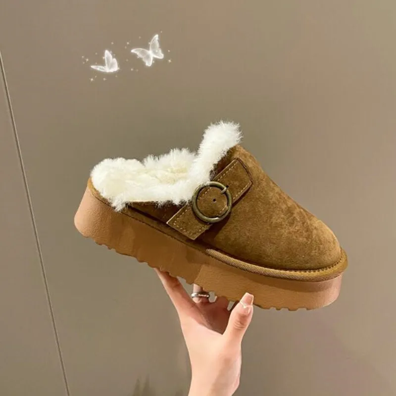 

Winter Brand Plush Cotton Slippers Women Flats Shoes 2023New Fashion Thick Platform Casual Home Suede Fur Warm Slides Flip Flops