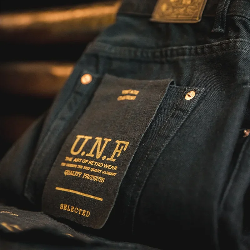 Maden Men Baggy Denim Jeans American Retro Pure Black Mid-waist Jeans Water Washed Straight Pocket Classic Style Tannin Pants 5