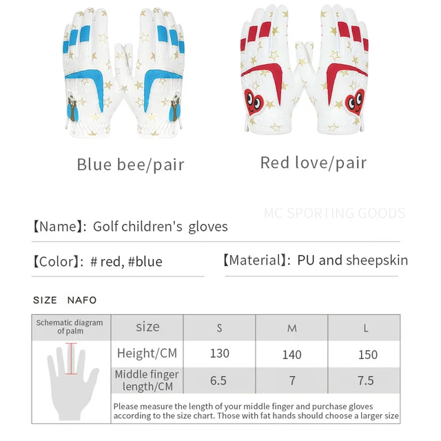 Kids golf gloves 1 pair PU Leather anti-slip sports glove white blue red lovely design for boys girls teen ages new breathable 6