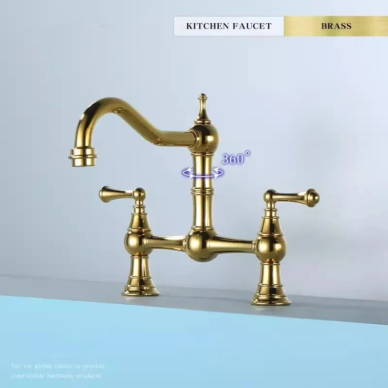 Kitchen Sink Tap Rotation Total Brass Lead Free Classical Double Lever Kitchen Sink Tap Mixer Gold Chrome American Style