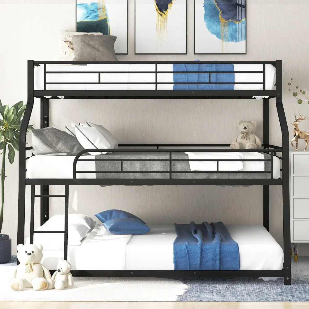 Twin Full Queen Triple Bunk Bed with Long and Short Ladder and Full-Length Guardrails,Black Kid Bed Boys Bed Children Furniture 2