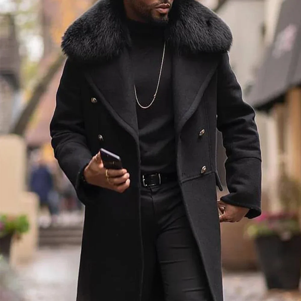 2024 Spring/Winter Long Men's Coat Casual Wool Solid Color Slim Fit Double breasted Brown Side Pocket Jacket Collar Windbreaker