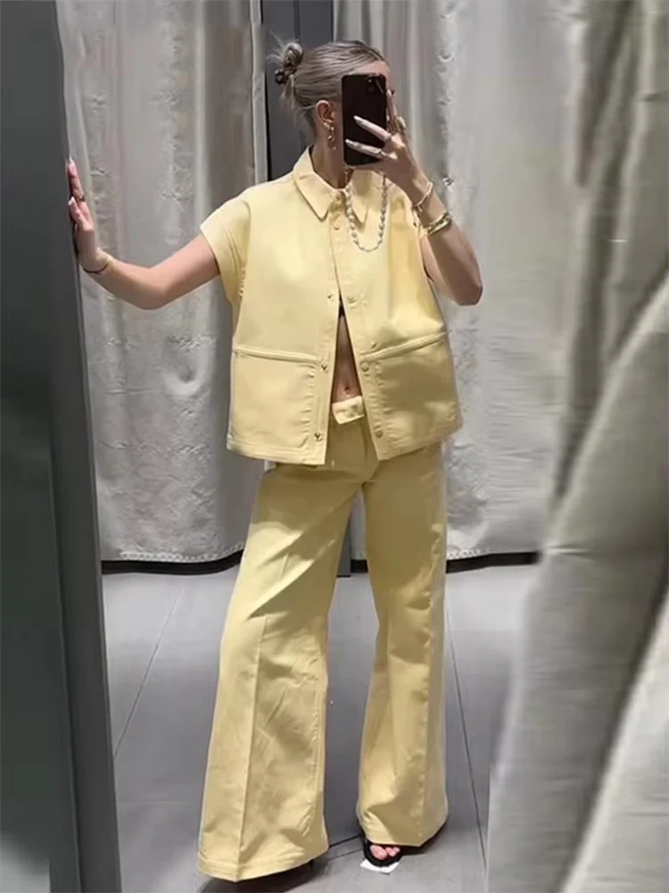 Street Fashion Vest Pants Sets Women Two Piece Lapel Short Sleeve Waistcoat Wide Leg Trousers 2025 Summer Casual Outfits