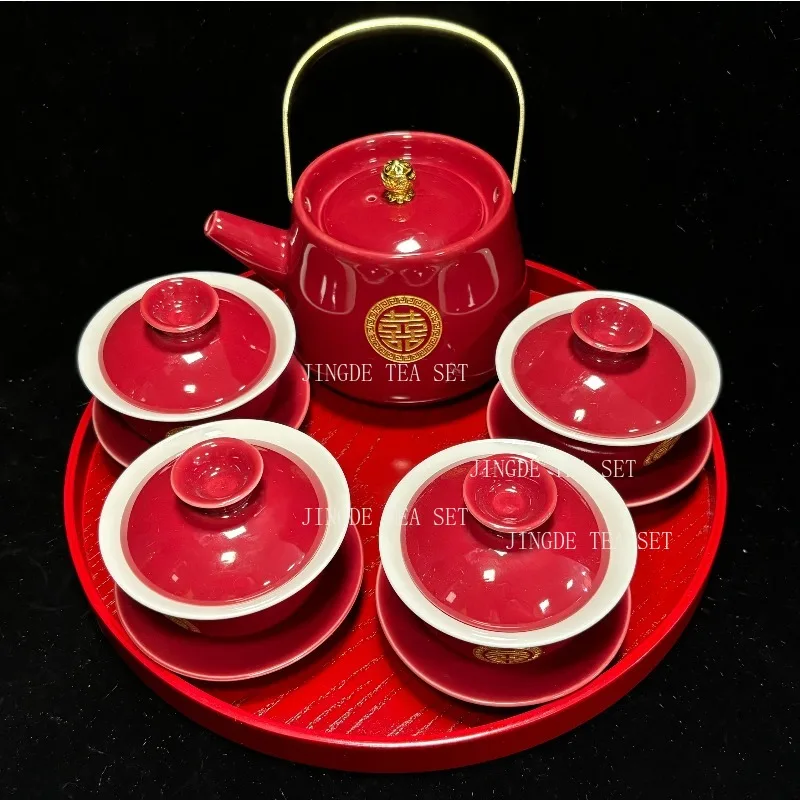 High Quality Ceramics Tea Set Chinese Wedding Tea Pot Set Teacup Tradition Red Porcelain Teapot Boutique Teaware Accessories