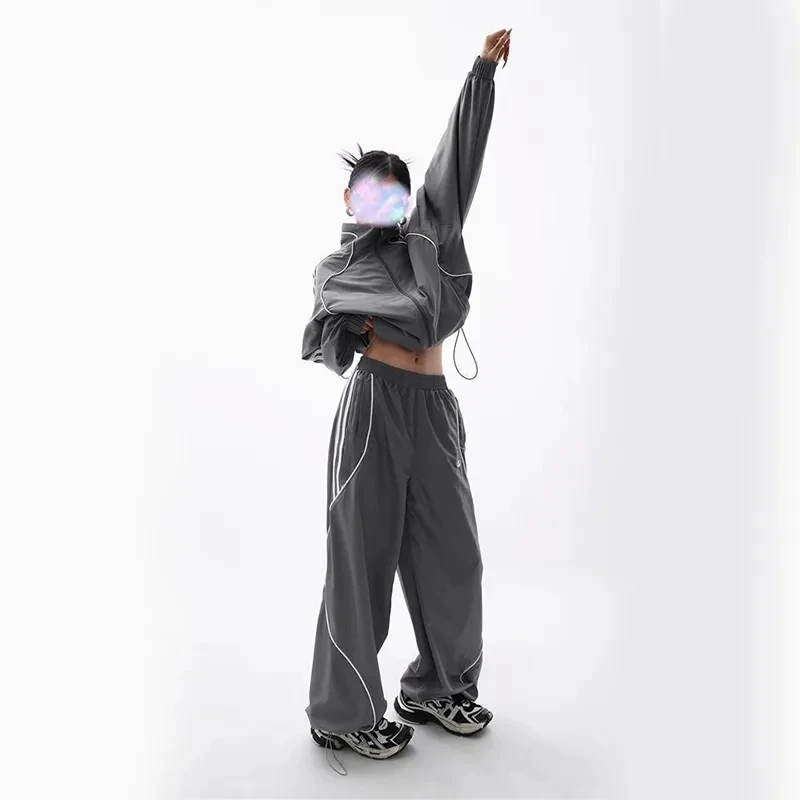 Spring Sports Two-piece Set Women High Street Grey Sport Track Jacket +Loose Sweatpants Ladies Outdoor Joggers Tracksuit Female
