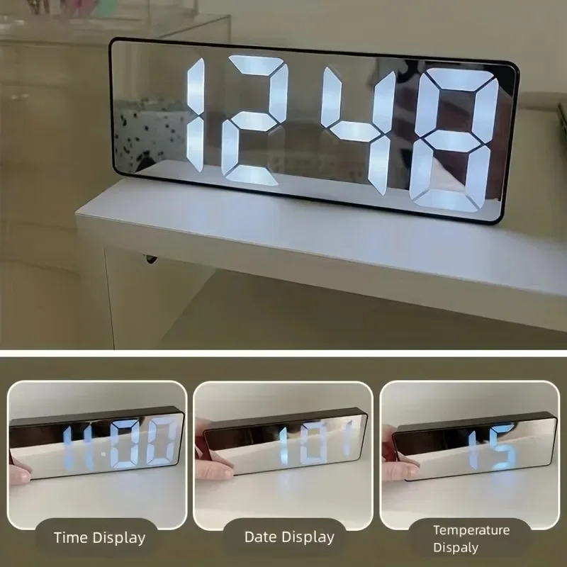 Mirror Digital Alarm Clock LED Clock Temperature Calendar Display Supply Adjustable Brightness Desk Decorations Electronics Home 5