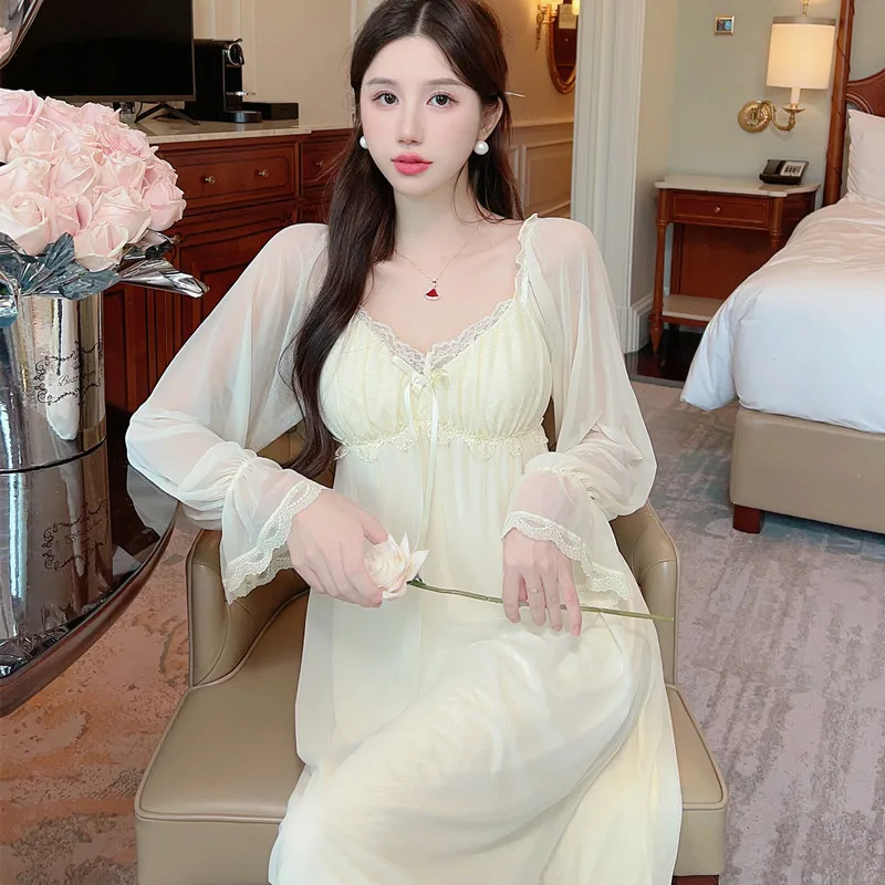 

Пикантная ночная рубашка с V-образным вырезом, элегантная длинная ночная рубашка, ночная сорочка в дворцовом стиле, кружевная ночная рубашка, женское платье