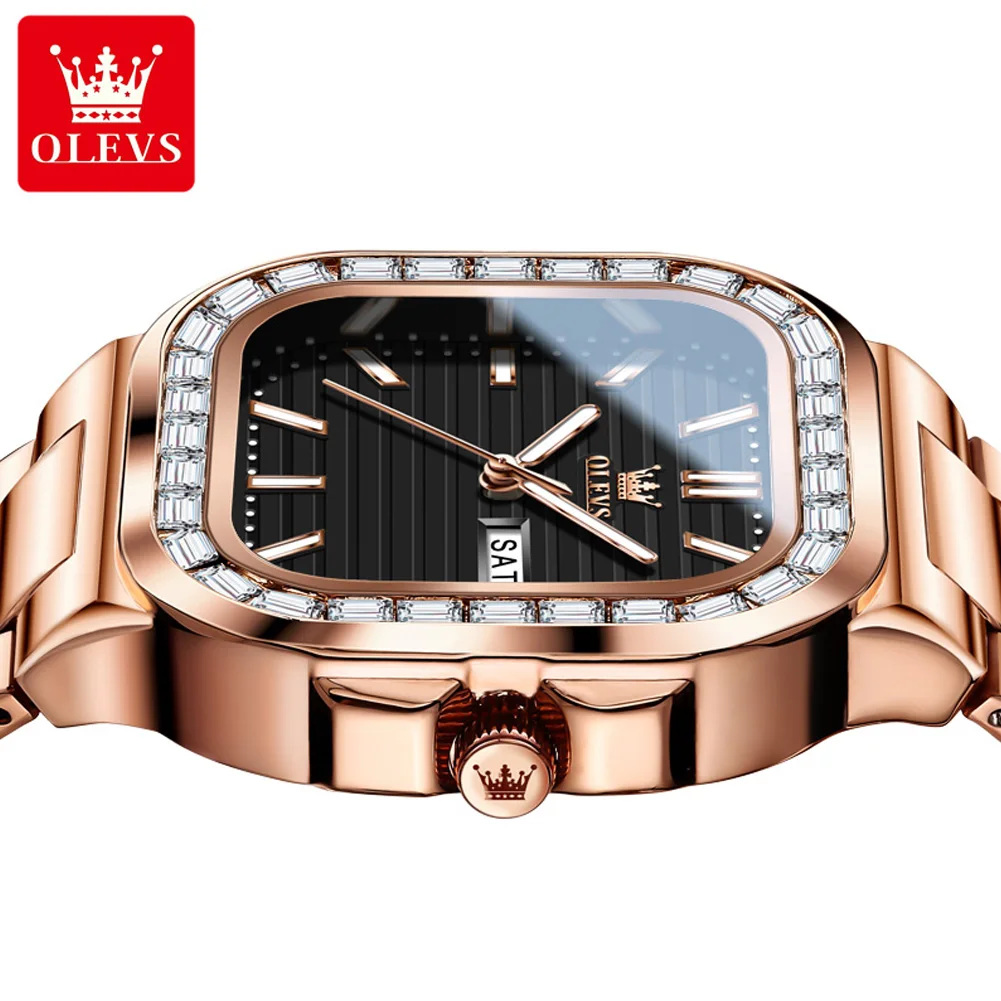 OLEVS Brand New Luxury Diamond Quartz Watch for Men Stainless Steel Waterproof Luminous Calendar Fashion Square Watches Mens