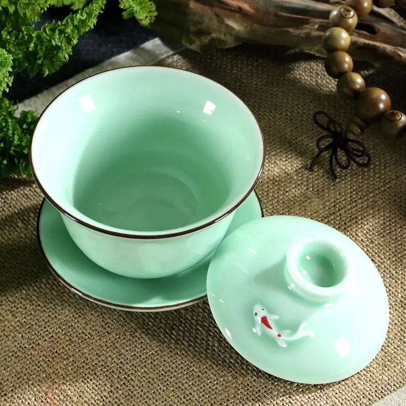 [GRANDNESS] ] Longquan Celadon Gaiwan Gongfu Tea Set 3D Fish Gaiwan Set Tureen Cup 140ml