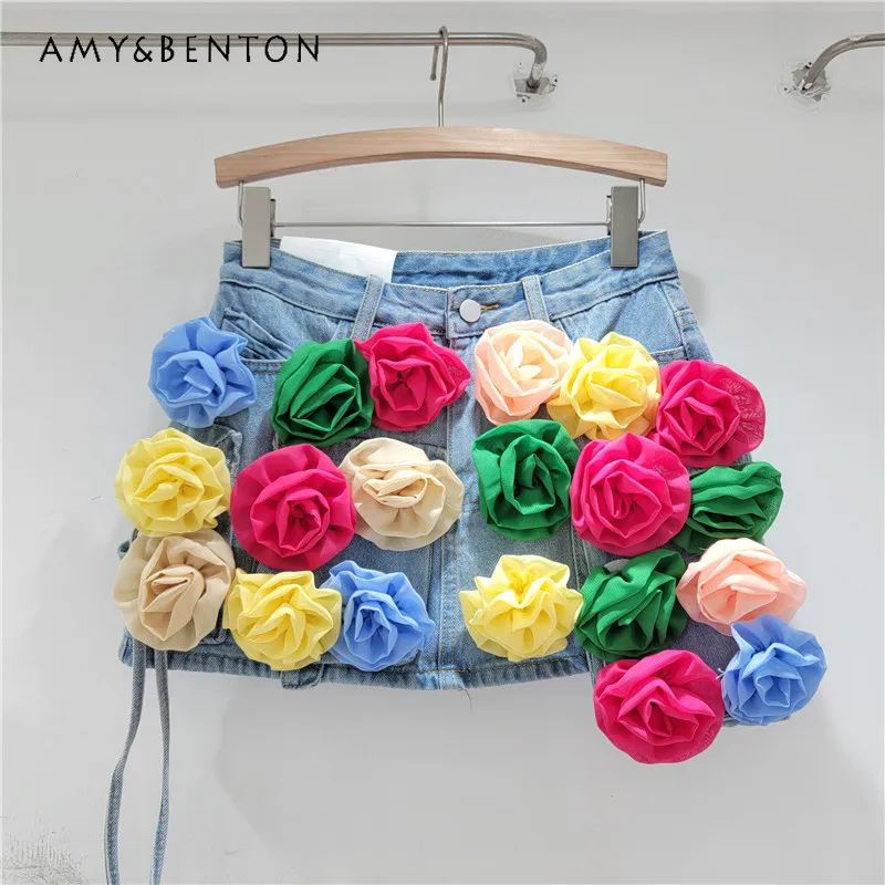 Colorful Three-Dimensional Flower Irregular Workwear Denim Skirt Women's High Waist Slimming A-line Anti-Exposure Sheath Skirts