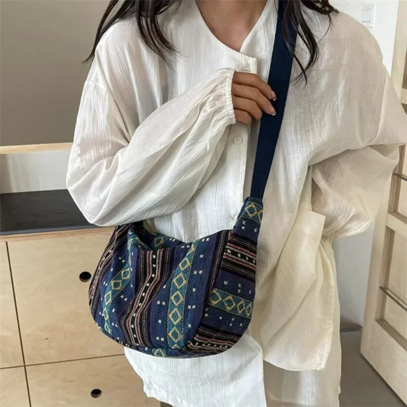 Tribal Style Shoulder Bag, Foldable Crossbody with Zipper Closure, Striped Pattern, Flag Theme Hand Washable Edge Painted Lining