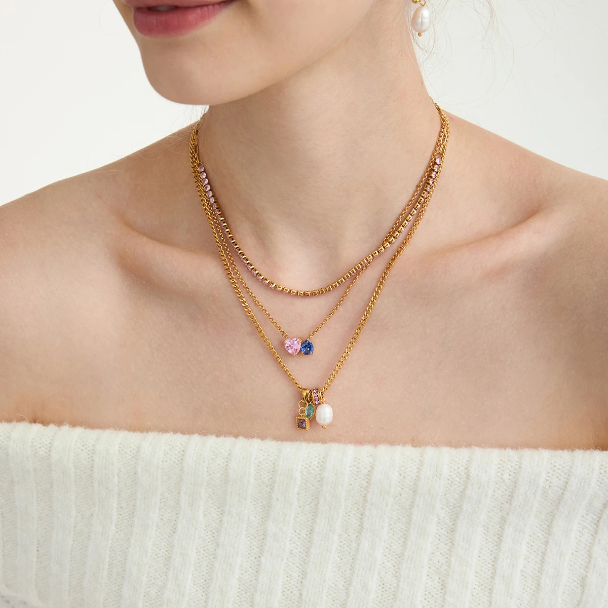 Youthway Lucky Zircon Bead Freshwater Pearl Pendant Necklace For Women 18K Gold Plated Stainless Steel Necklace Fashion Jewelry_voghion.com