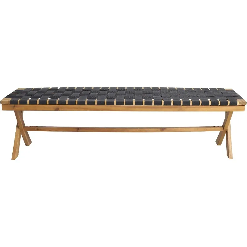 Christopher Knight Home Jeffery Outdoor Acacia Wood Bench with Rope Seating, Black and Teak 61x13.75x16.25 Inches