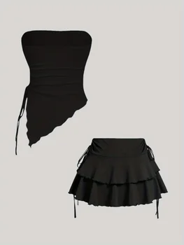 Women's versatile short skirt+sexy strapless and contracted women's vest set 1