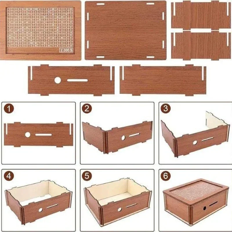 Wooden Money Box with Savings Goal and Numbers Reusable Money Storage Case for Adults Child Piggy Bank Crafts Saving Box