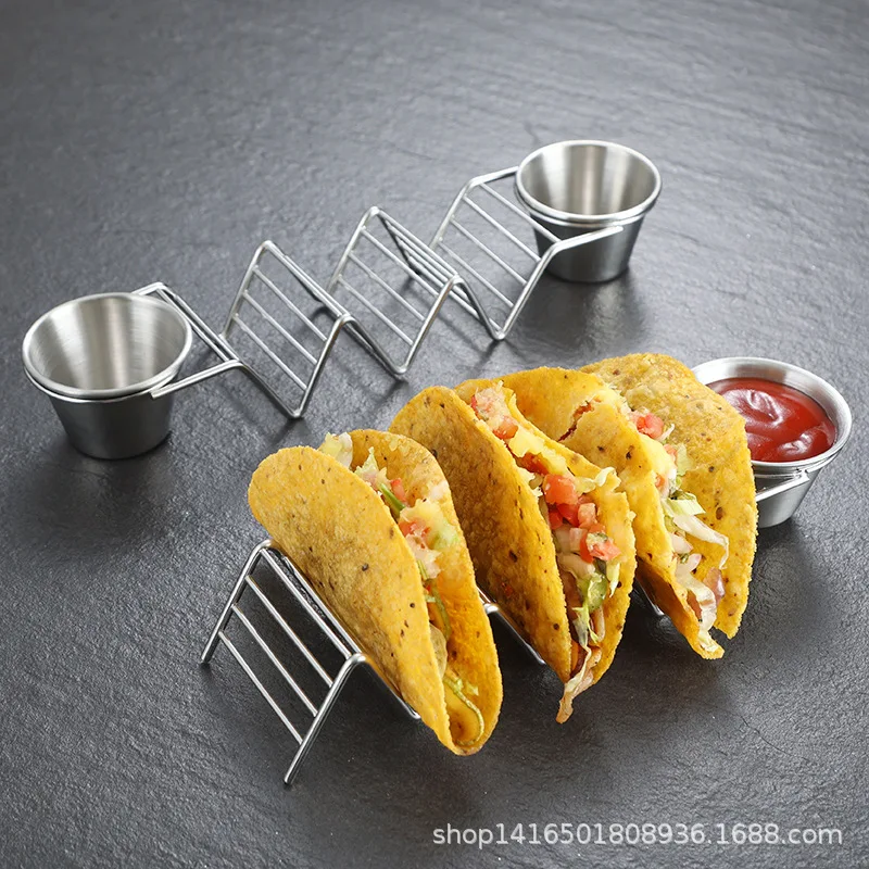 Taco Holder Stand Set with Sauce Cups and Spoons Stainless Steel Mexican Food Rack Taco Tray for Restaurant Home Use