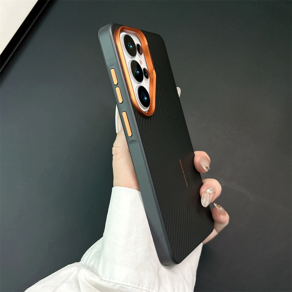 Enhanced Metal Lens Bumper Carbon Fiber Texture Magnetic Shockproof Case - Black