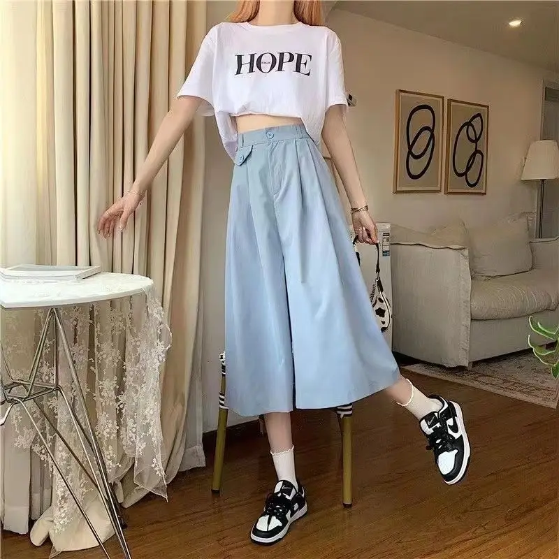 Spring/Summer Set Women's Korean Loose Design Short Sleeved T-shirt+High Waist Wide Leg Trouser Skirt Two Piece Set