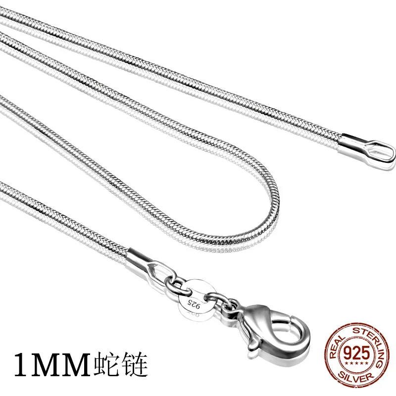 925 Sterling Zilver 1Mm Slang Ketting Voor Mannen Zilver Mode Sieraden Vrouwen Ketting 16 18 20 22 24Inch